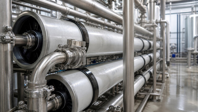 Industrial wastewater treatment plant with stainless steel membrane filtration pipes. Advanced purification system for water recycling, environmental protection, and sustainable industry.