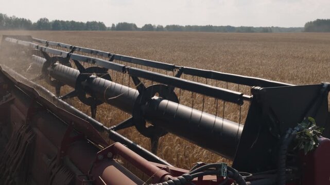 Agricultural work. Harvesting ripe grain. Combine header with reel and cutting mechanism operates in field. Barley and rye harvesting. Combine harvester collects ripe grain. Forage grain harvesting.