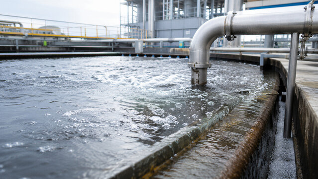 Industrial wastewater treatment basin with aeration bubbles and large metal pipes. Water purification infrastructure for environmental protection and sustainable industry.