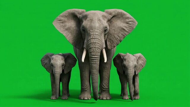 Elephant Family Standing on Green Screen Chroma Key Background Realistic 3D Animation