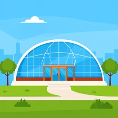 Naklejka premium Modern sports stadium with glass facade and green field.