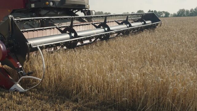 Close-up of combine harvester header during summer field work. Combine header, with its reel and cutting mechanism, is working in wheat field. Barley and rye being harvested. 