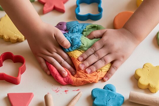 close up of child's hands pressing multicolored play dough surrounded by shape cutters during tactile creative play and early childhood sensory learning activity