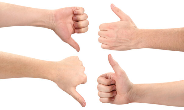 Set of hands showing thumbs up and thumbs down gestures, isolated on transparent cutout background