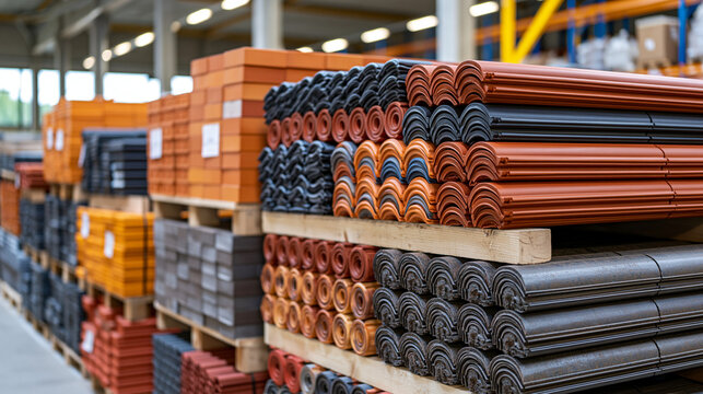 Large stacks of ceramic roof tiles stored on wooden pallets inside a spacious roofing materials warehouse, different shapes, colors and profiles arranged in organized rows, realistic industrial stor