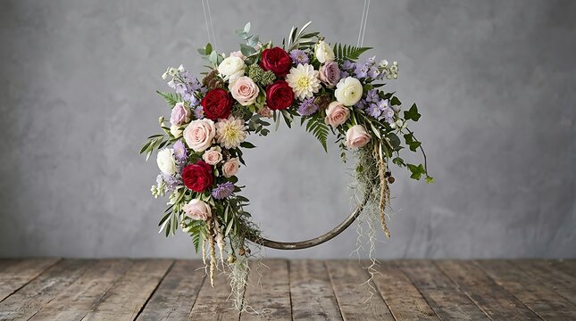 Elegant floral hoop wreath hanging over rustic wooden planks against a textured grey wall backdrop with greenery suspended