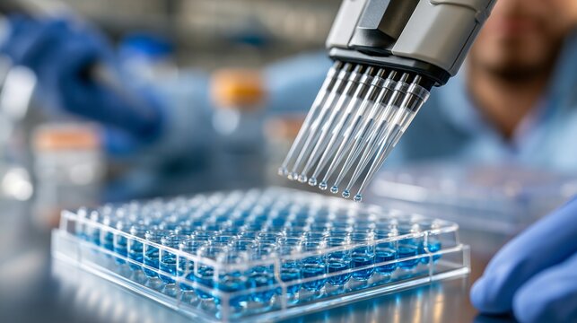 Automated liquid handler dispensing solution into a multiwell plate, close-up showcases lab technology for precise scientific analysis and data collection