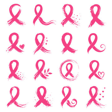  Hand drawn pink breast cancer ribbons, brush stroke awareness symbols with hearts and floral accents, isolated collection, healthcare campaign design