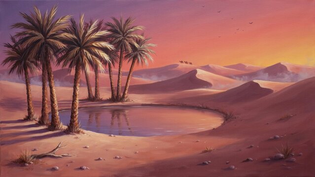 Desert Oasis at Dusk, Warm Oil Painting of Palm Trees, Sand Dunes and Reflective Water.