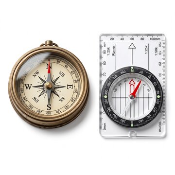 Compass navigation isolated white background, vintage brass explorer direction instrument north arrow design element adventure travel
