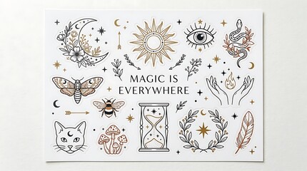 Naklejka premium Mystical celestial elements collection featuring esoteric symbols and witchcraft illustrations on a white textured paper surface with esoteric line art