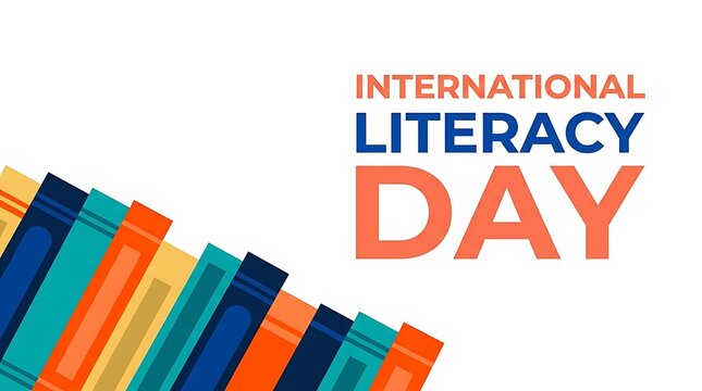 International literacy day flat vector illustration featuring colorful book spines arranged diagonally against white background with vector graphic