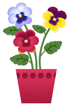 Pansy Flower Plant in Red Vase &mdash; Blue, Yellow & Red Floral Vector Illustration
