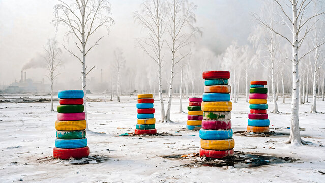 Piles de pneus color&eacute; dans la foret en hiver