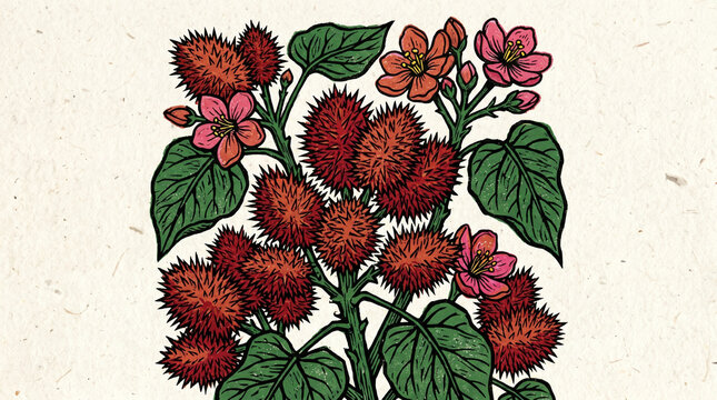 Annatto seeds and vibrant flowers illustrated in vintage woodblock print style on textured cream paper background