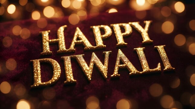 Happy diwali golden glitter letters on dark velvet background with bokeh lights