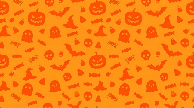 Halloween seamless pattern background featuring orange silhouettes of pumpkins ghosts bats skulls spiders candy with silhouettes seasonal icons
