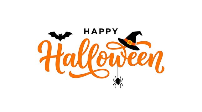 Happy halloween greeting typography design with festive witch hat bat with handwritten calligraphy greeting vibrant orange handwritten