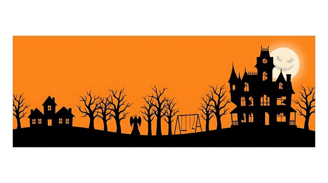 Spooky haunted house silhouette landscape under a glowing full moon halloween background banner illustration with displays dark silhouette