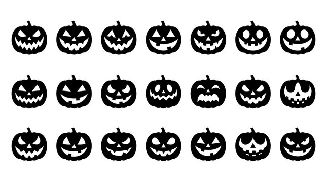 Set of twenty one black pumpkin silhouettes featuring various spooky faces for seasonal holiday decorative graphic design projects