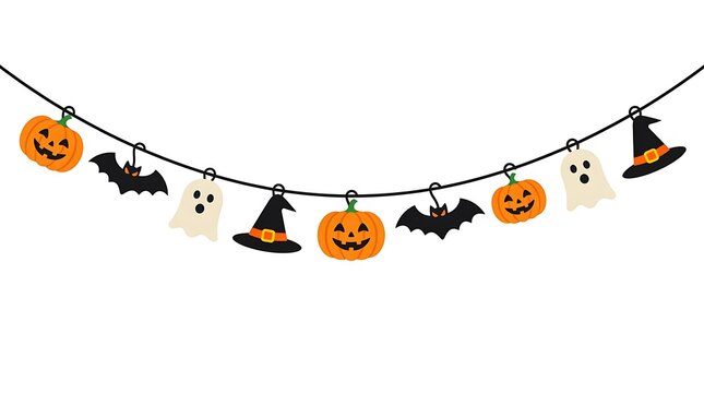 Halloween festive bunting garland decoration featuring pumpkins bats ghosts and witch hats icons isolated design with white background repeating