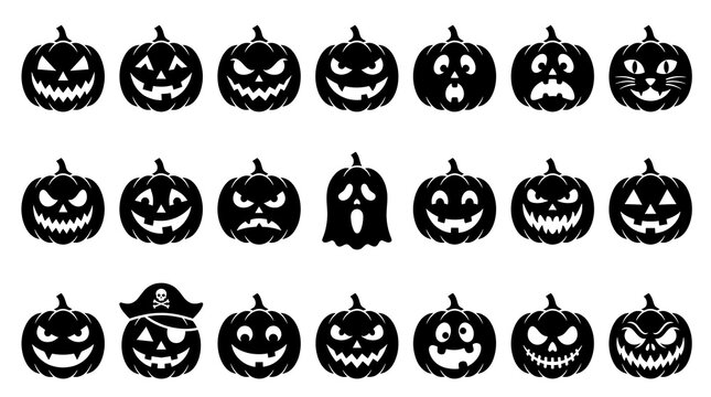 Collection of spooky halloween jack o lantern pumpkin faces silhouette icon set design with displays diverse collection silhouette icons