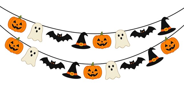 Halloween party bunting decoration featuring festive pumpkins ghosts bats and witch hats vector illustration with arranged strings