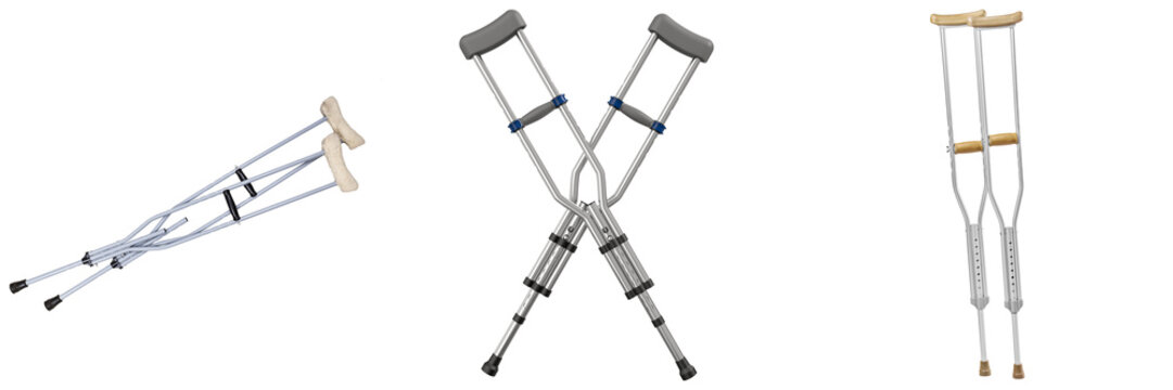 Three different types of crutches isolated on a white background