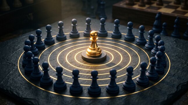 Golden chess pawn on dark stone, encircled by black pawns, glowing gold target rings. Symbolizes leadership, strategy, focus, success, business objectives. Dramatic, moody lighting for power and