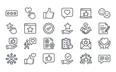 Fototapeta premium Client satisfaction feedback line icon set including star rating thumbs up and heart review symbols.
