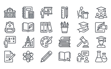 Fototapeta premium Education line icons set comprising school stationary and academic learning symbols for study materials.