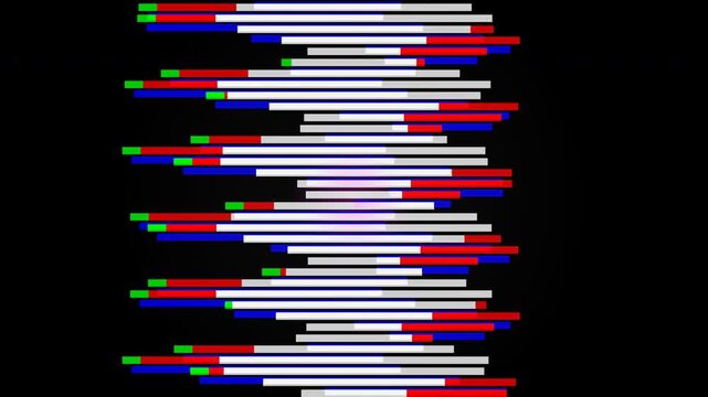 Digital glitch animation featuring horizontal white bars with RGB chromatic aberration against a black background.