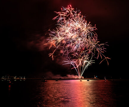 Fireworks From AJ Pyrotechnics Over The Water At The Barbican As Part Of The 2026 British Firework Championships Viewed From Queen Anne's Battery, Plymouth