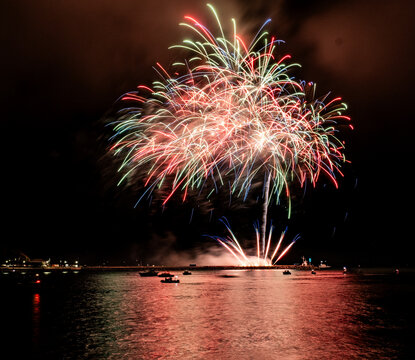 Fireworks From AJ Pyrotechnics Over The Water At The Barbican As Part Of The 2026 British Firework Championships Viewed From Queen Anne's Battery, Plymouth