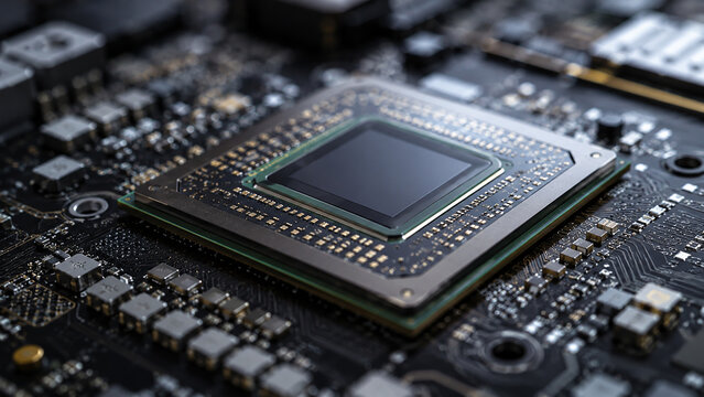 Macro Close-up of Microprocessor Chip on Printed Circuit Board
