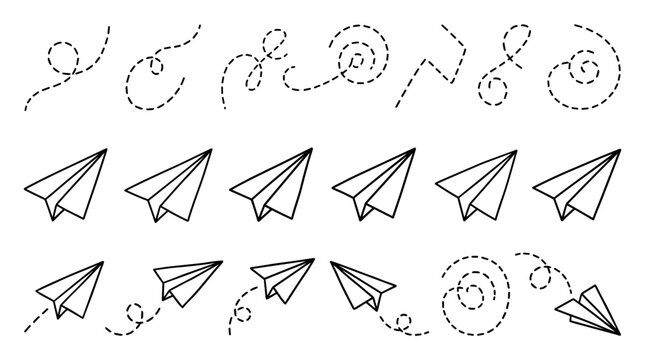Hand drawn paper airplane doodle vector set, sketch travel arrows and dashed swirl trails, black outline line art icons