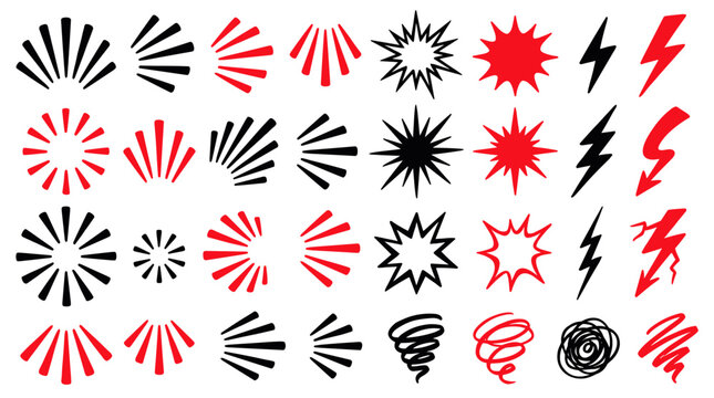 Retro comic burst icons vector set, red and black explosion shapes and lightning bolts, pop art starburst design elements