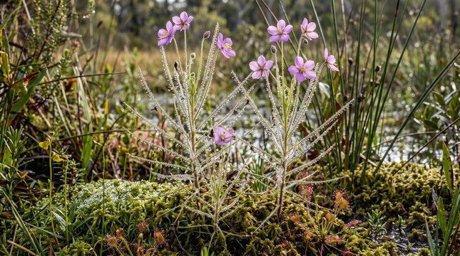 Forked sundew plants with delicate pink flowers growing in a wet marshy landscape during morning