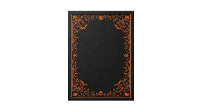 Vintage black book cover with ornate orange halloween border isolated on transparent background