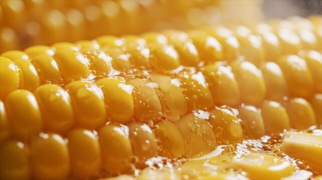 Golden corn kernels coated in melted butter create a warm appetizing ultra-macro food scene.