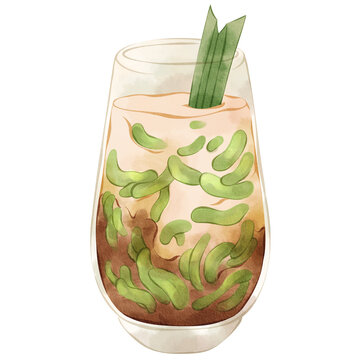 Watercolor Es Cendol Dawet Ayu Indonesian Drink Sweet Dessert Beverage Food Streetfood Iced Culinary Soup Traditional Illustration