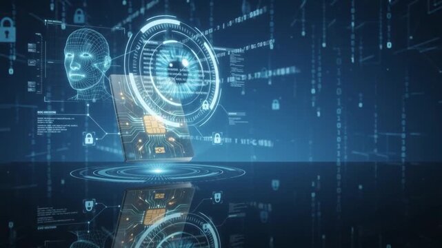 Biometric authentication and cybersecurity concept with iris scan facial recognition and data chip