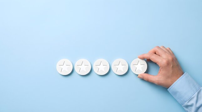Hand completing five star rating for customer satisfaction.