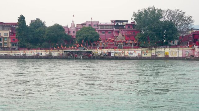 Scenic view of Har Ki Pauri ghat along the Ganges river in Haridwar, Uttarakhand, India.