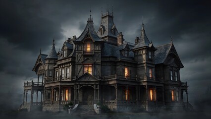 Obraz premium Haunted gothic mansion at night with eerie fog and glowing windows for Halloween decor