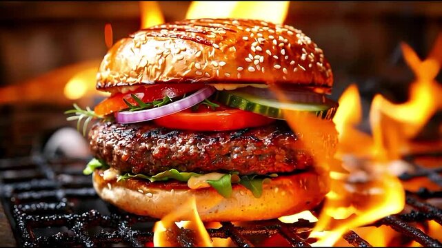A juicy, delicious burger grilled around a fire