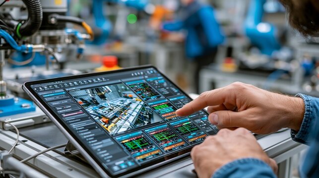 Worker interacting with a tablet displaying automation controls, positioned within a robotic manufacturing facility, representing a concept for modern industry and technological advancement