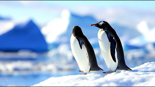 Two penguins in a snowy landscape on a sunny day