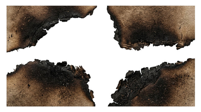 Four burnt paper edges with charred texture isolated on transparent background