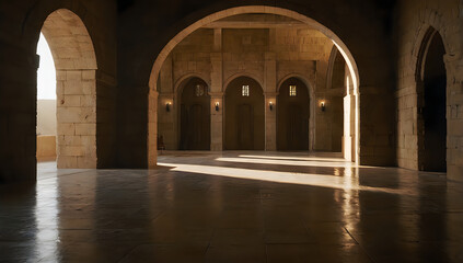 Fototapeta premium Sunlight shining through dark brick archway in old building illustration